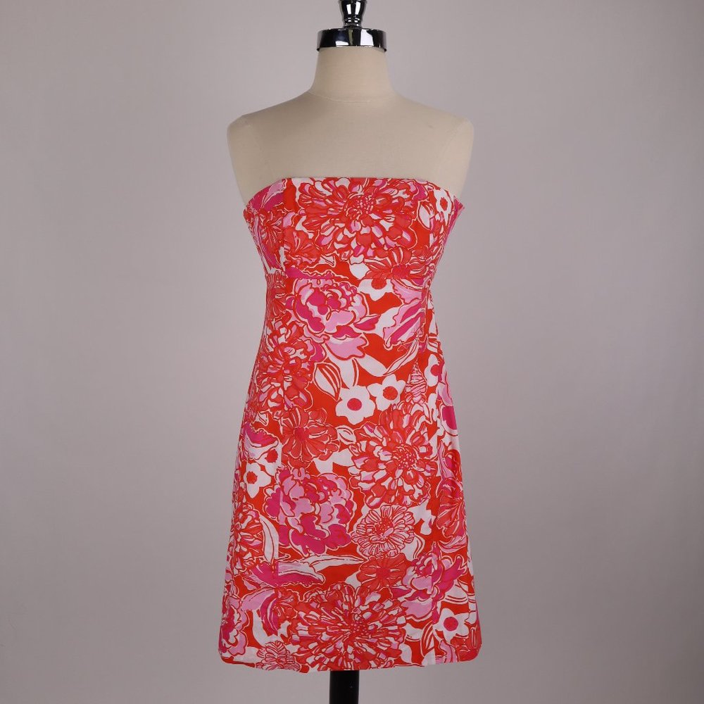 🌺 Lilly Pulitzer Red Floral Tropical Strapless Garden Mini Dress Party Hawaiian